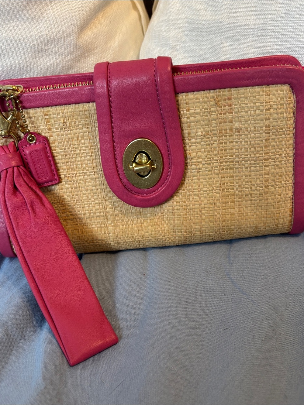 Coach | Parker Pink-Trim Straw Wristlet Clutch